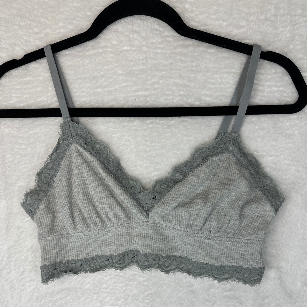 Aerie Bralette Women Medium Gray Ribbed Lace Trim Triangle Adjustable Straps